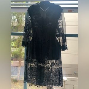 ECI New York dress fit & flare color black sheer with black velvet detail